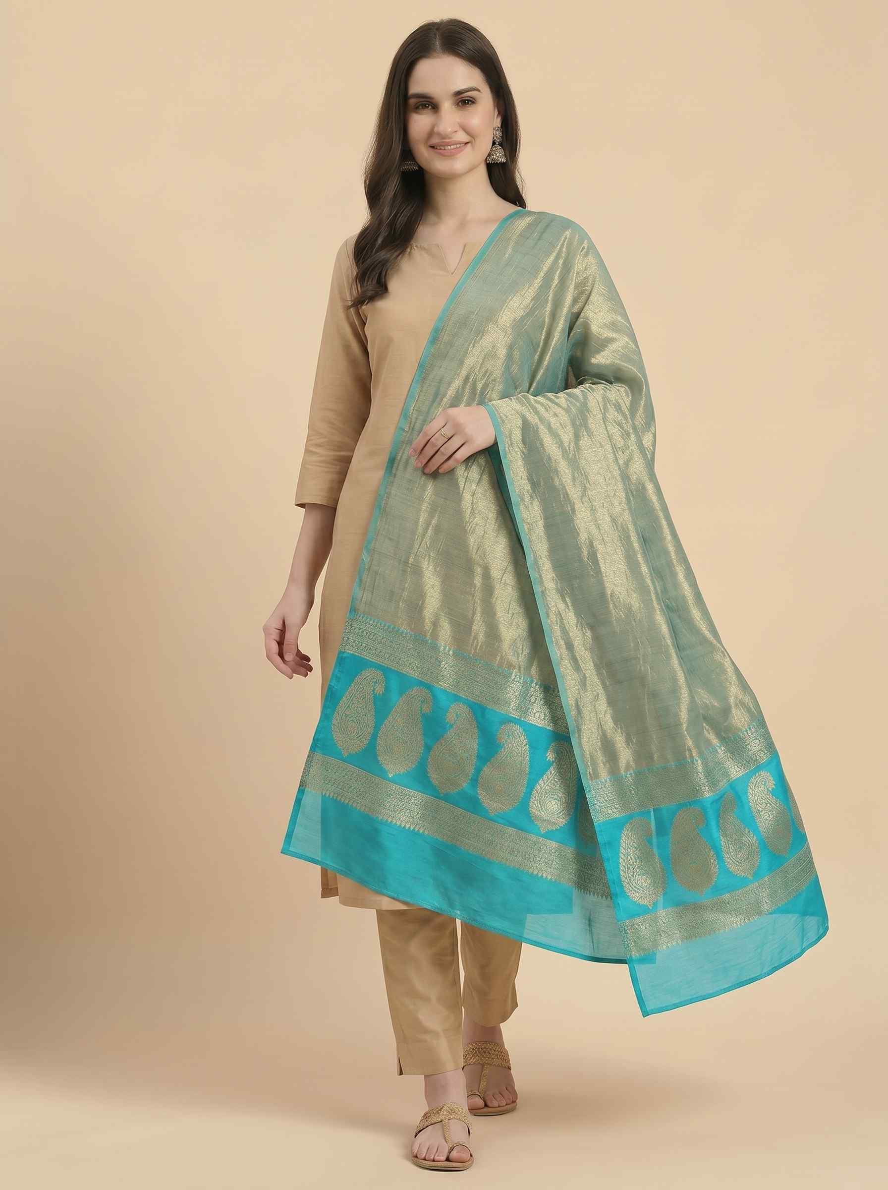 Seagreen Tissue Silk Pure Banarasi Dupatta With Floral Boota Work