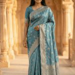 Seagreen Viscose Silk Pure Banarasi Saree With Beautiful Floral Zari & Red Minakari Work