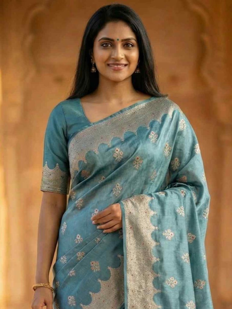 Seagreen Viscose Silk Pure Banarasi Saree With Beautiful Floral Zari & Red Minakari Work