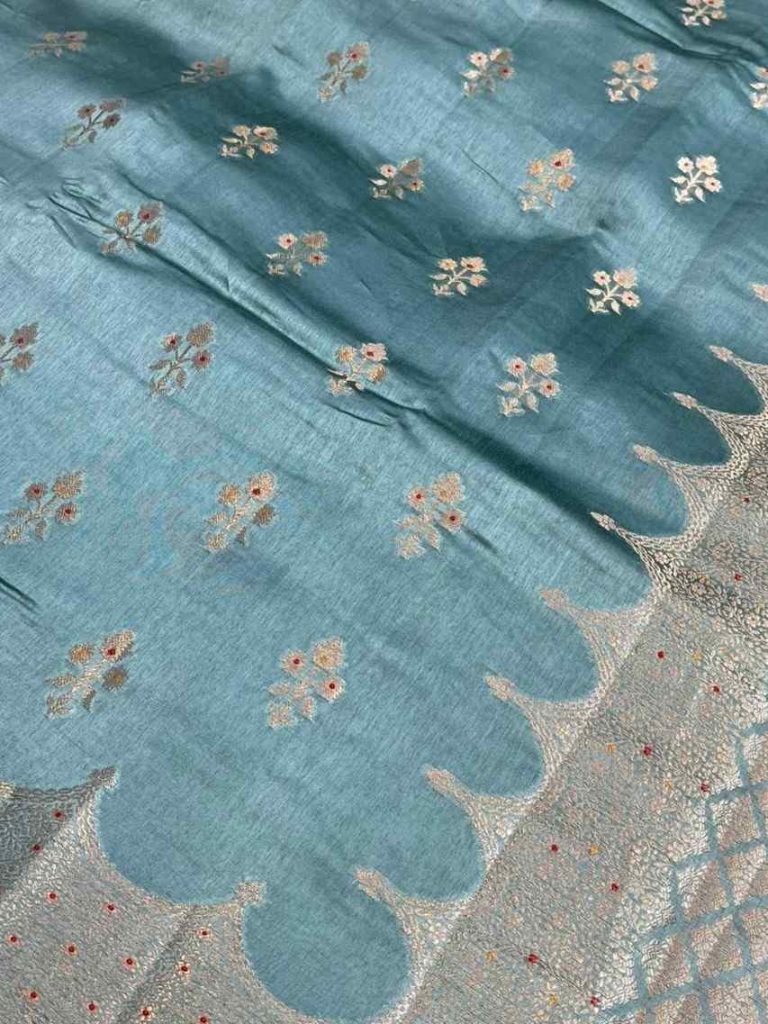 Seagreen Viscose Silk Pure Banarasi Saree With Beautiful Floral Zari & Red Minakari Work