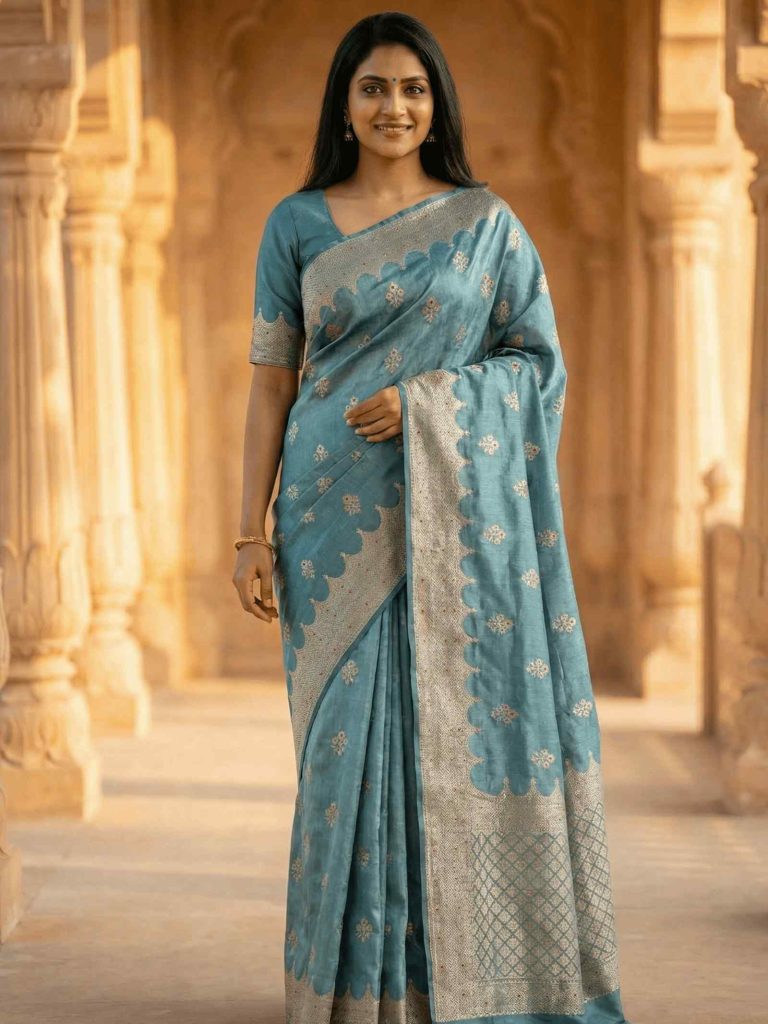 Seagreen Viscose Silk Pure Banarasi Saree With Beautiful Floral Zari & Red Minakari Work