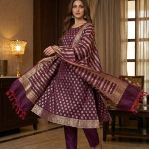 Wine Semi Silk Banarasi Dress Material