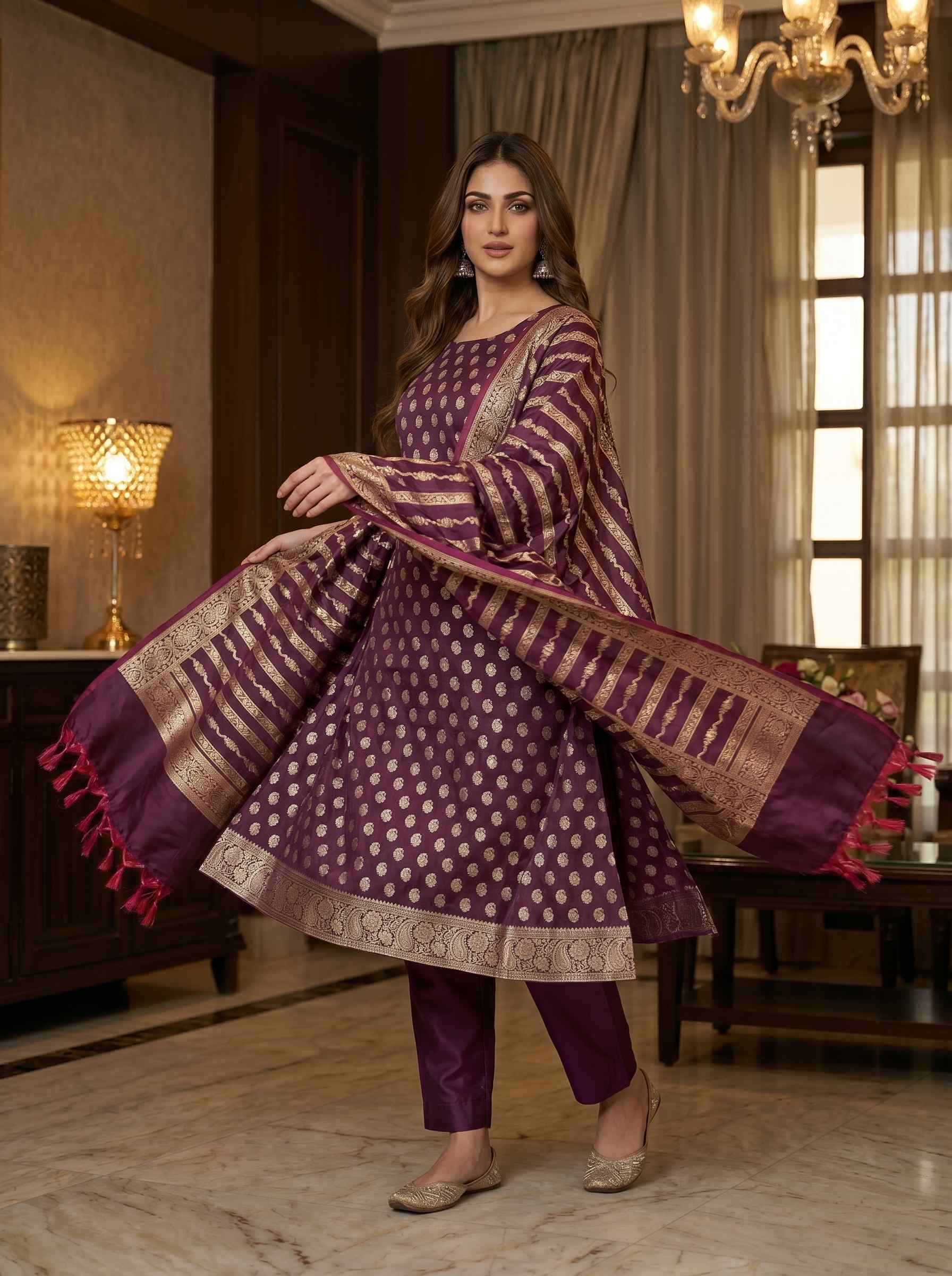Wine Semi Silk Banarasi Dress Material
