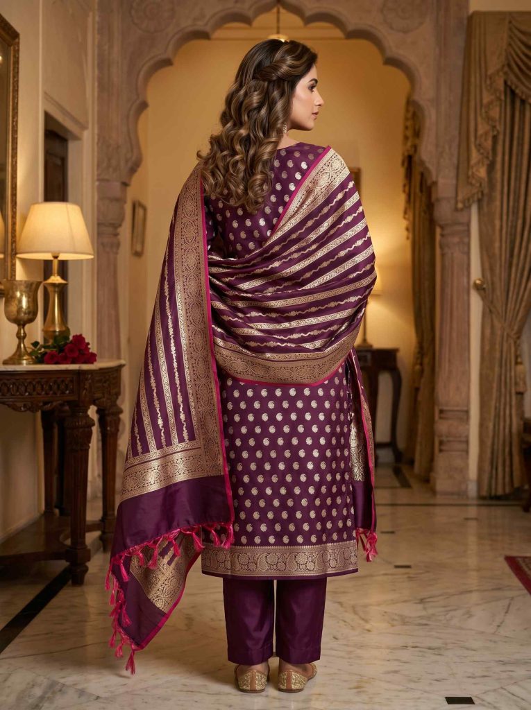 Wine Semi Silk Banarasi Dress Material