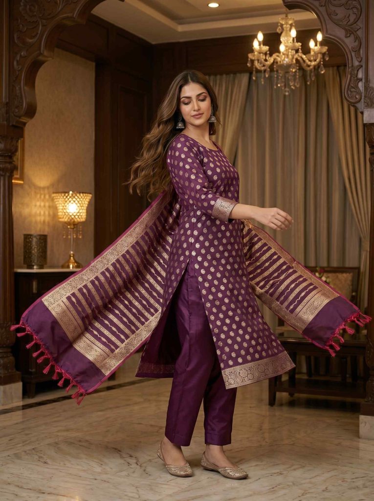 Wine Semi Silk Banarasi Dress Material