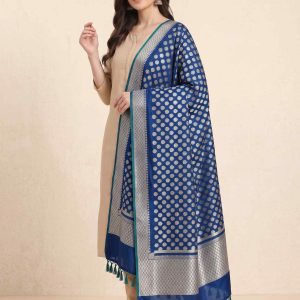 Teal Blue Semi Kataan Silk Banarasi Dupatta With Beautiful Booti Zari Work