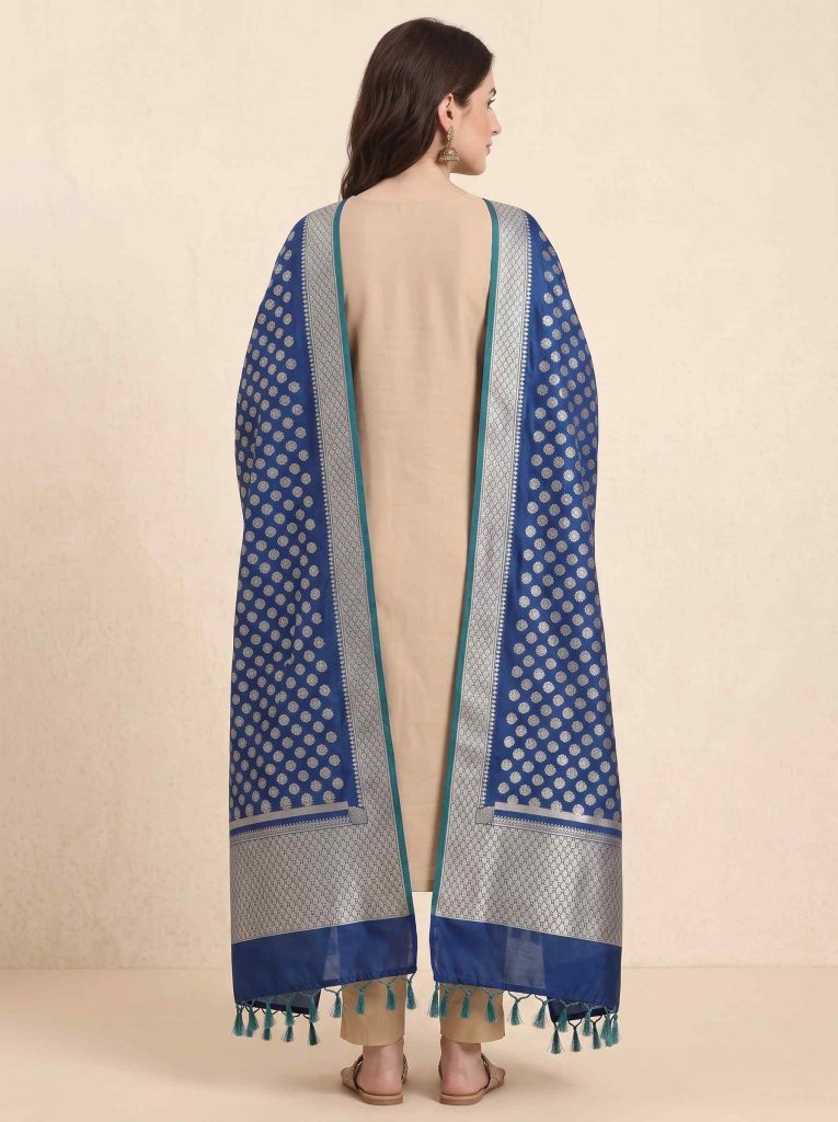 Teal Blue Semi Kataan Silk Banarasi Dupatta With Beautiful Booti Zari Work