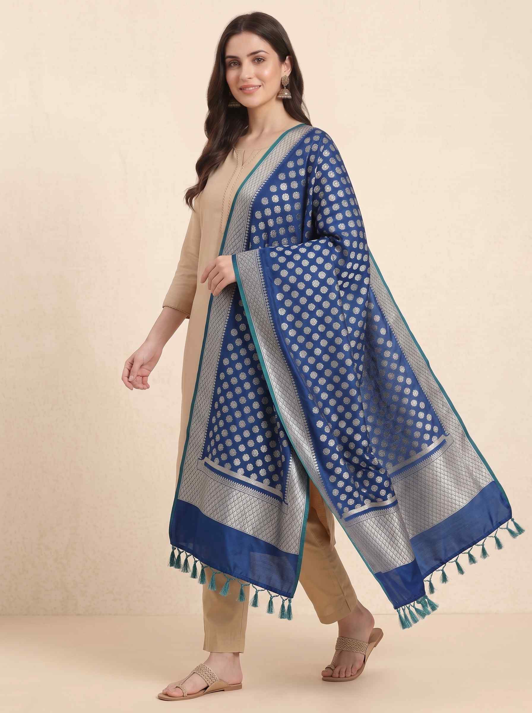 Teal Blue Semi Kataan Silk Banarasi Dupatta With Beautiful Booti Zari Work