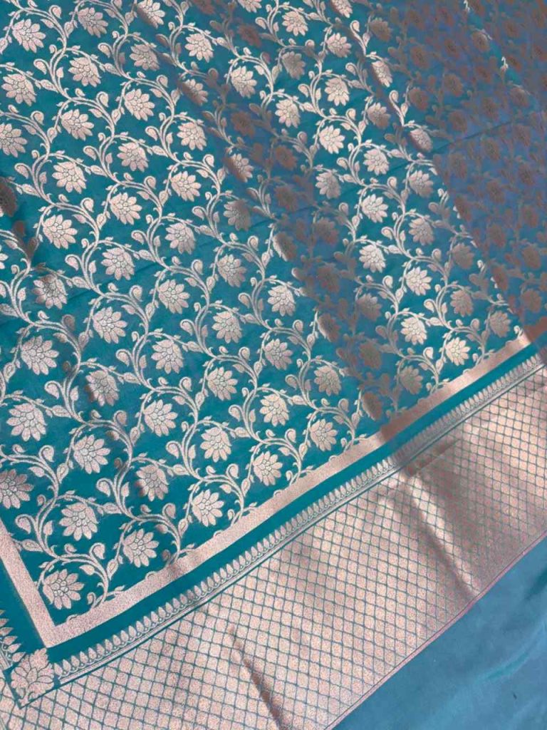 Teal Blue Semi Kataan Silk Banarasi Dupatta With Beautiful Floral Jaal Zari Work