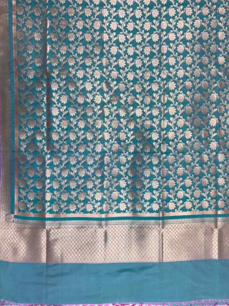 Teal Blue Semi Kataan Silk Banarasi Dupatta With Beautiful Floral Jaal Zari Work