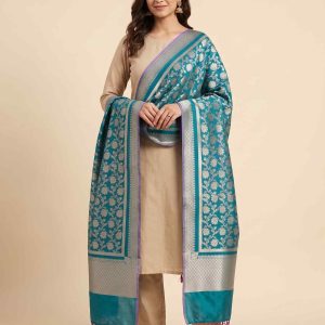 Teal Blue Semi Kataan Silk Banarasi Dupatta With Beautiful Floral Jaal Zari Work