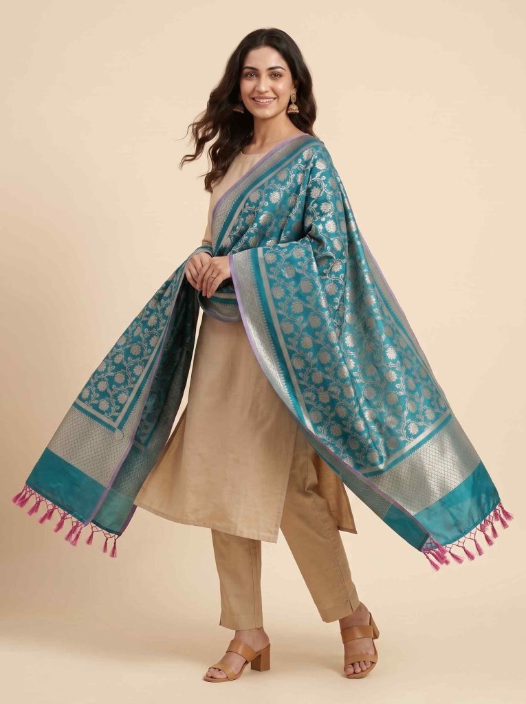 Teal Blue Semi Kataan Silk Banarasi Dupatta With Beautiful Floral Jaal Zari Work