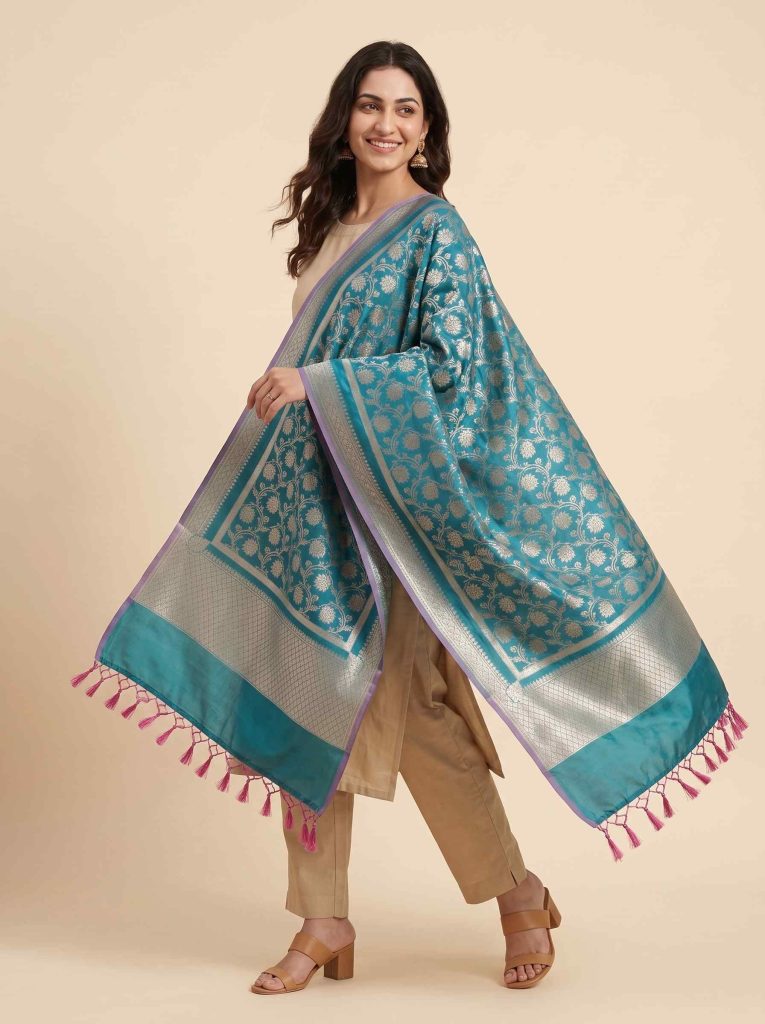 Teal Blue Semi Kataan Silk Banarasi Dupatta With Beautiful Floral Jaal Zari Work