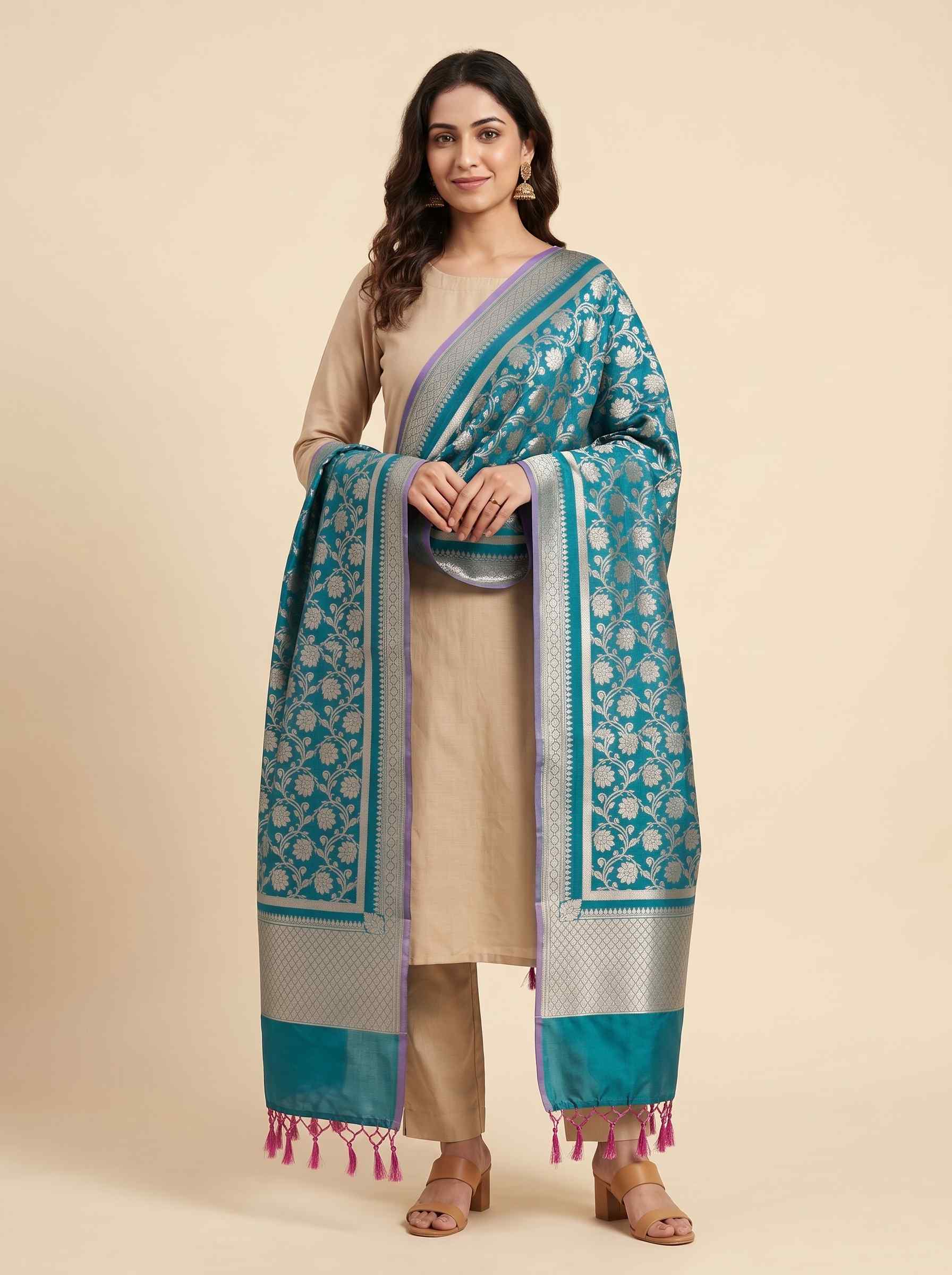 Teal Blue Semi Kataan Silk Banarasi Dupatta With Beautiful Floral Jaal Zari Work