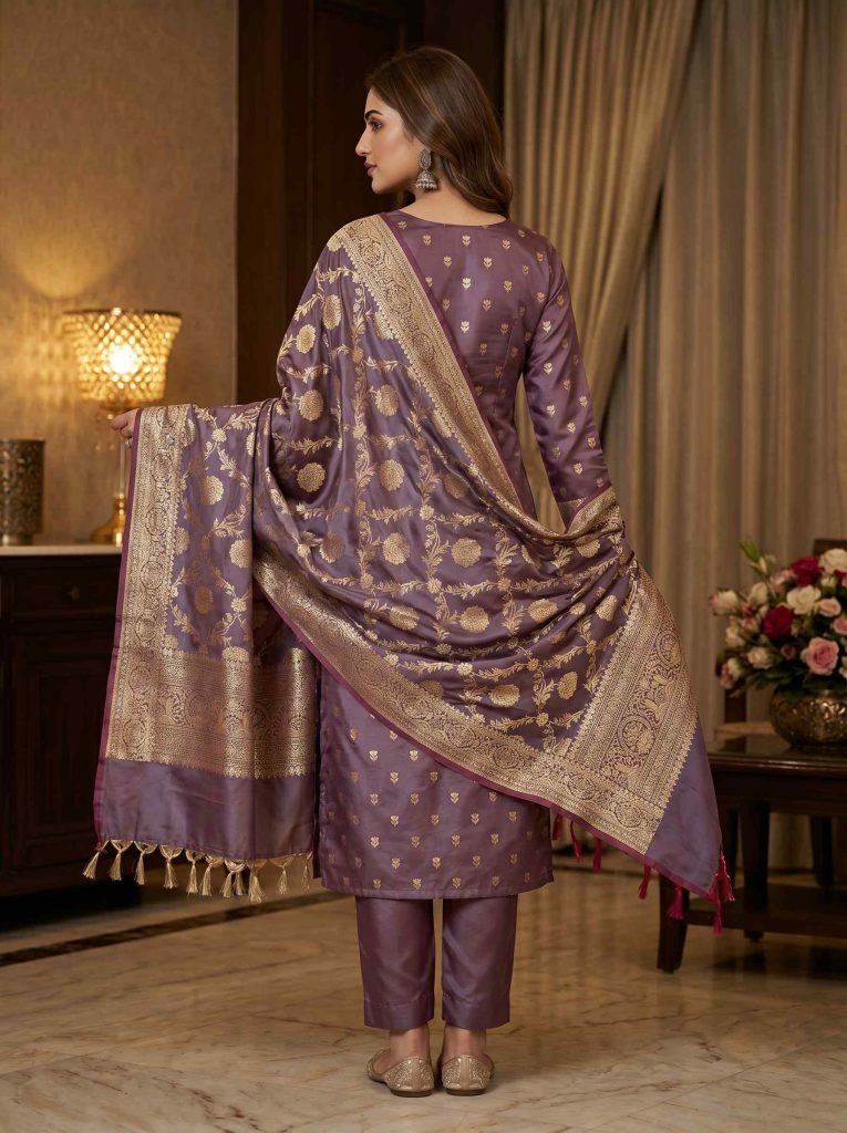 Plum Semi Silk Banarasi Dress Material
