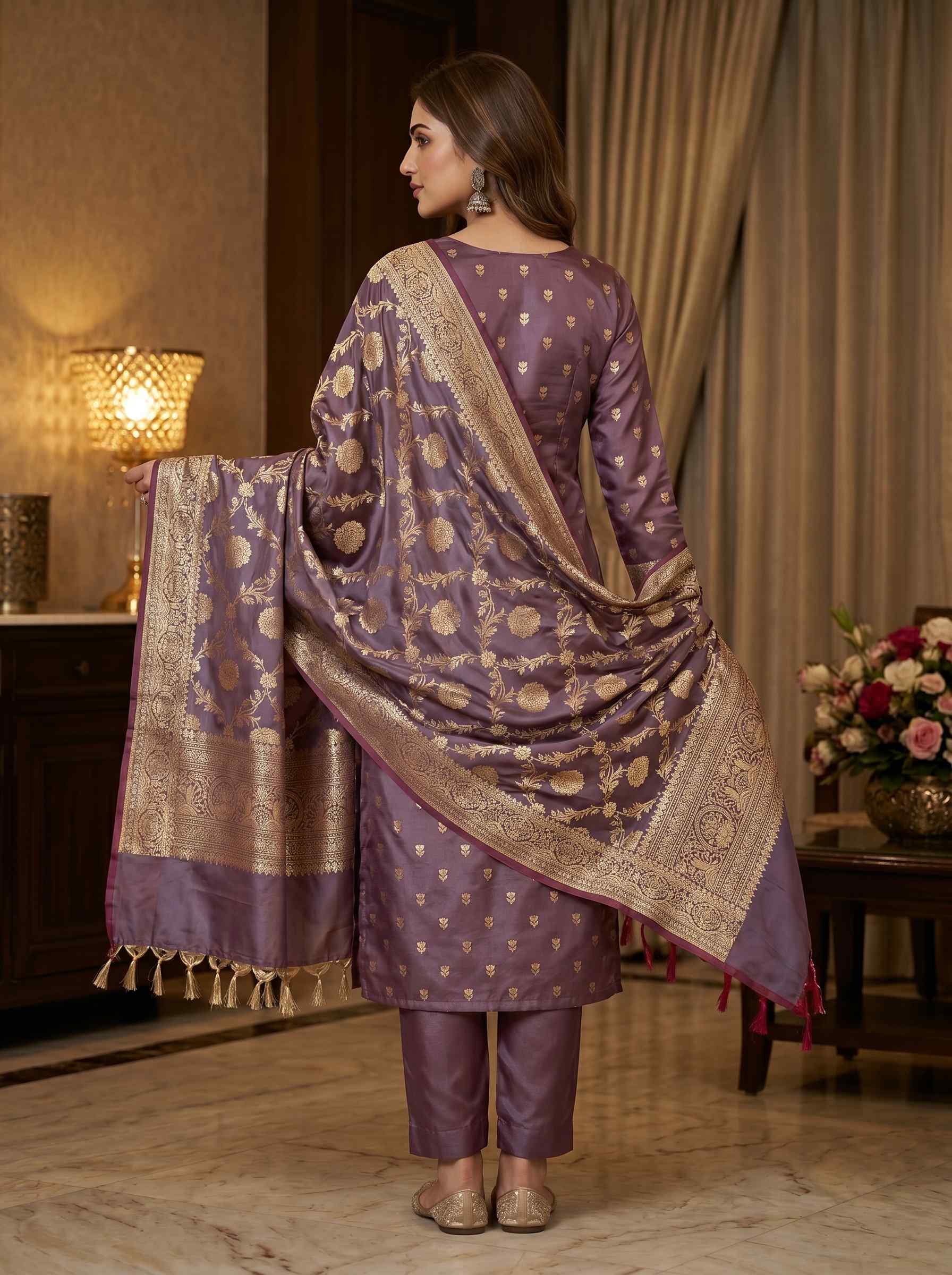 Plum Semi Silk Banarasi Dress Material