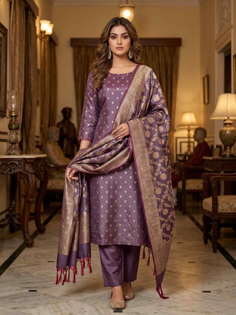 Plum Semi Silk Banarasi Dress Material