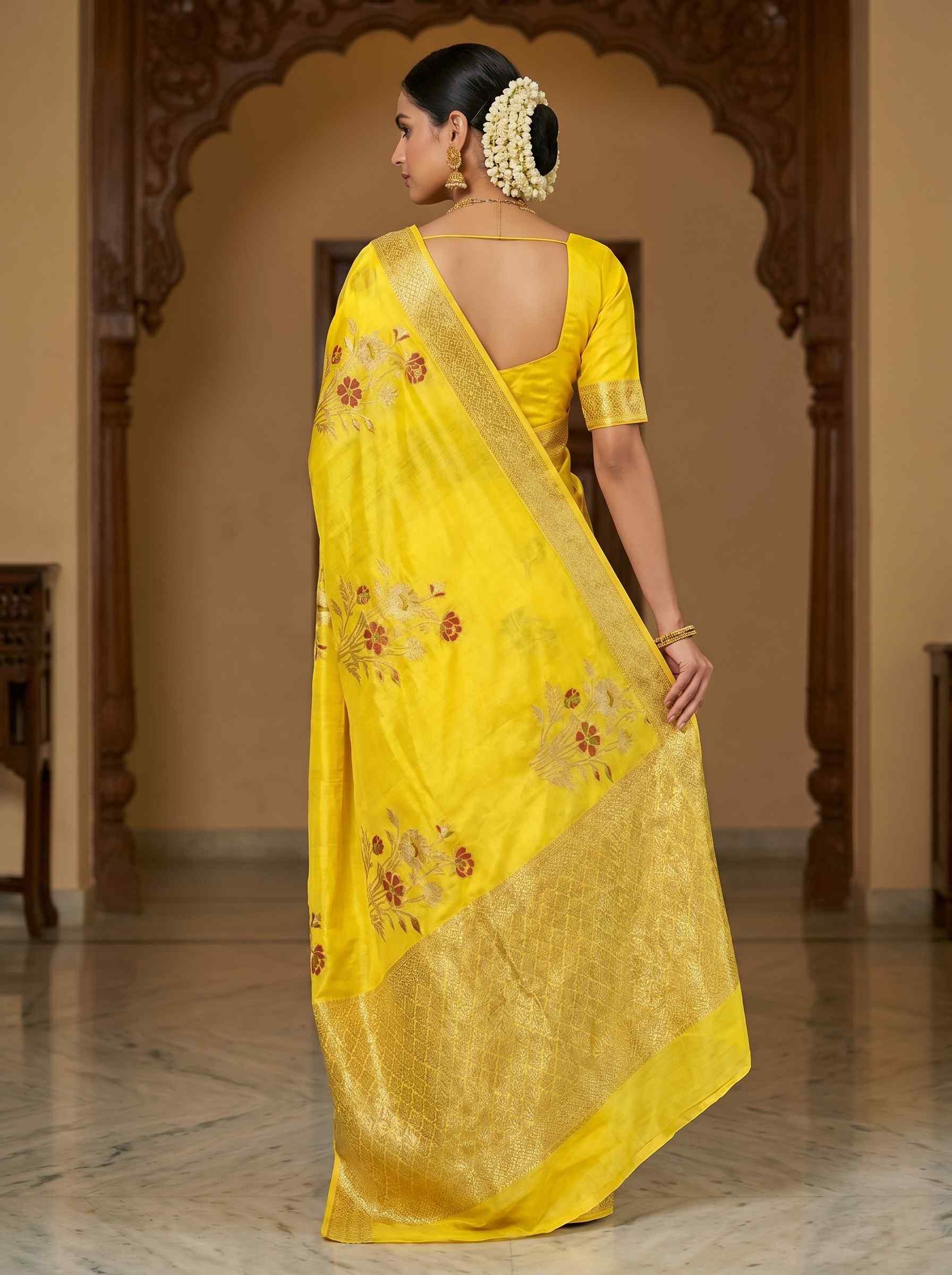 Yellow Viscose Silk Pure Banarasi Saree