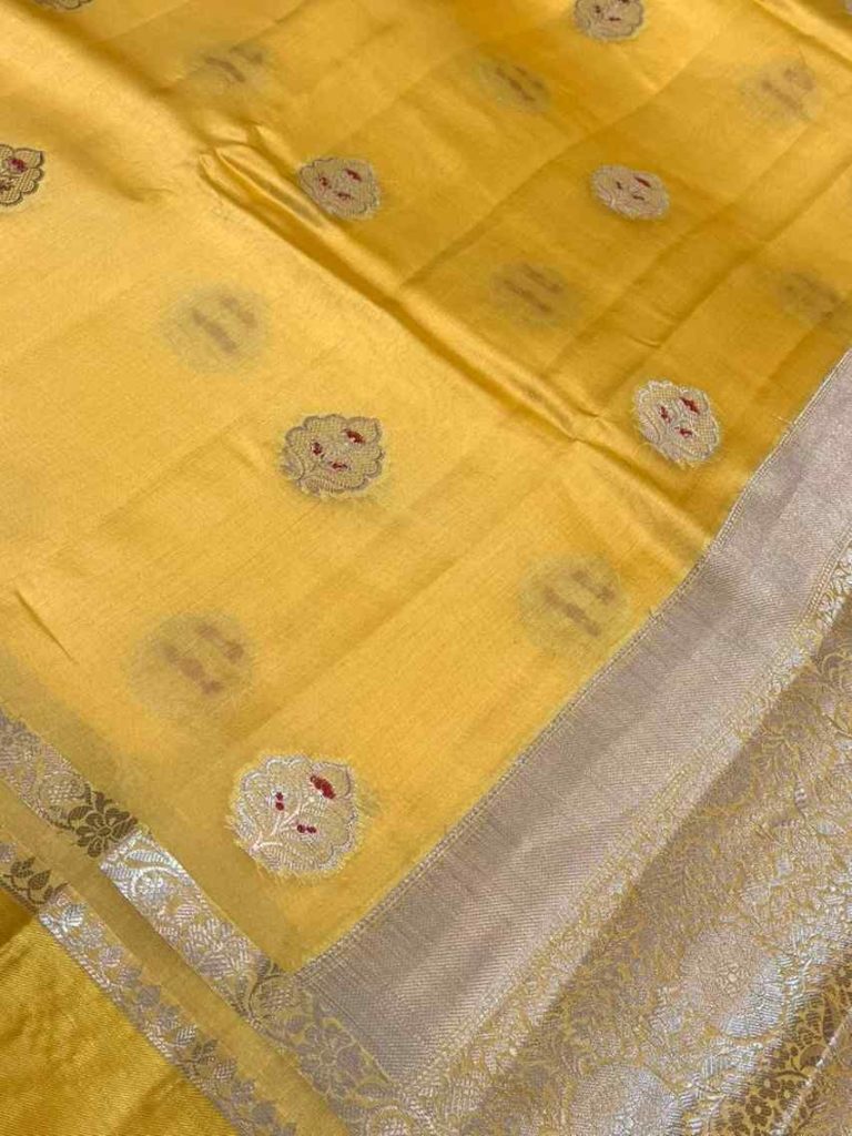 Yellow Viscose Silk Pure Banarasi Saree With Red Minakari & Floral Boota Work