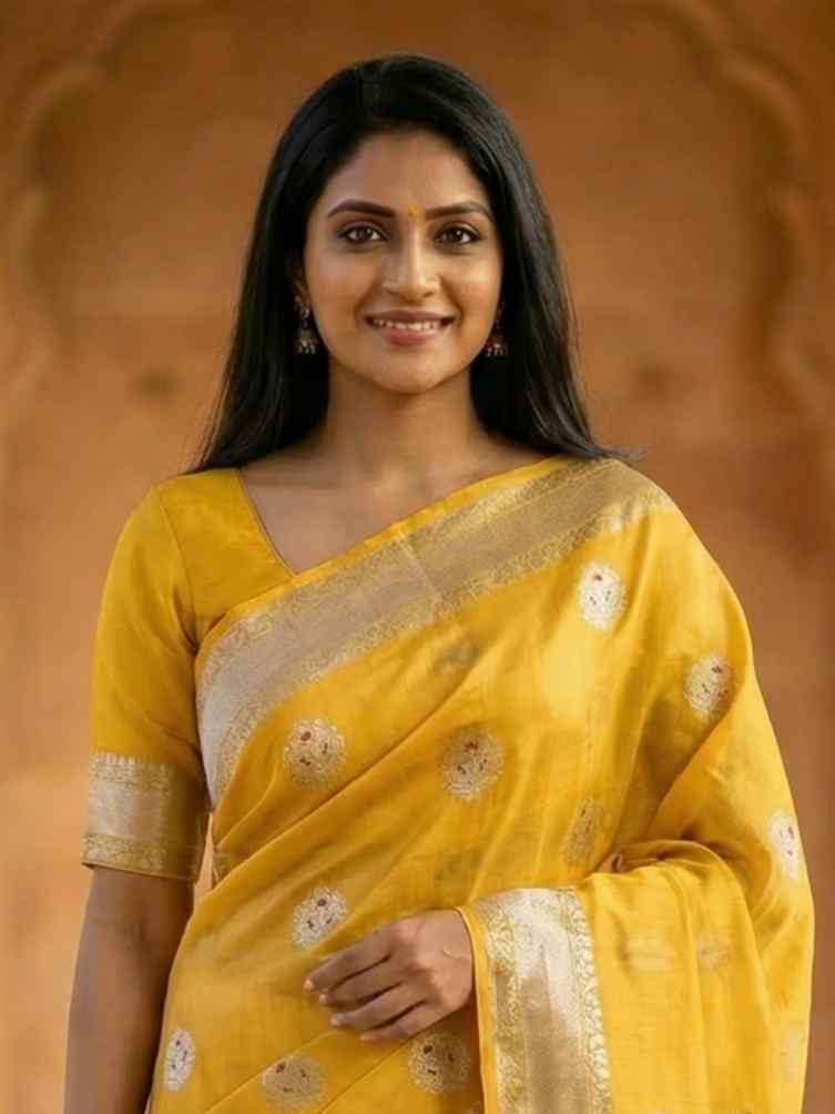 Yellow Viscose Silk Pure Banarasi Saree With Red Minakari & Floral Boota Work