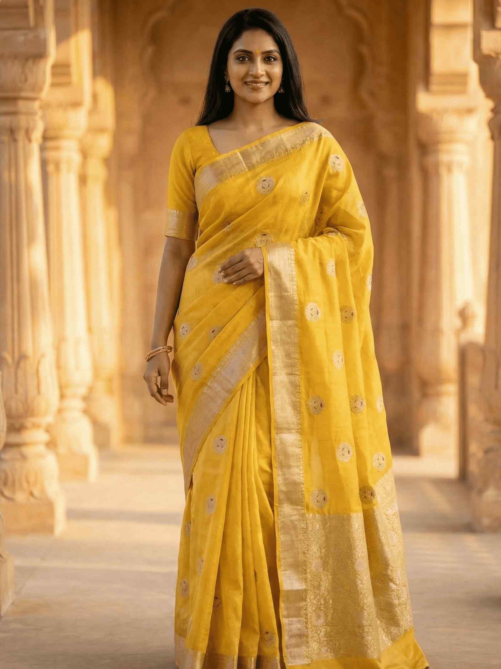 Yellow Viscose Silk Pure Banarasi Saree With Red Minakari & Floral Boota Work